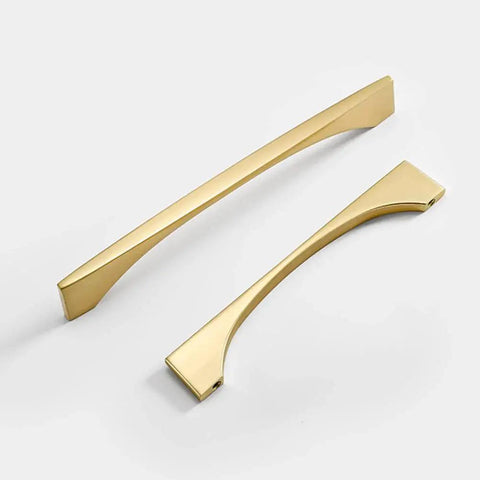 4 Pack Brushed Gold Cabinet Drawer Pulls in zinc alloy with brushed brass finish, two sizes side by side on white background.