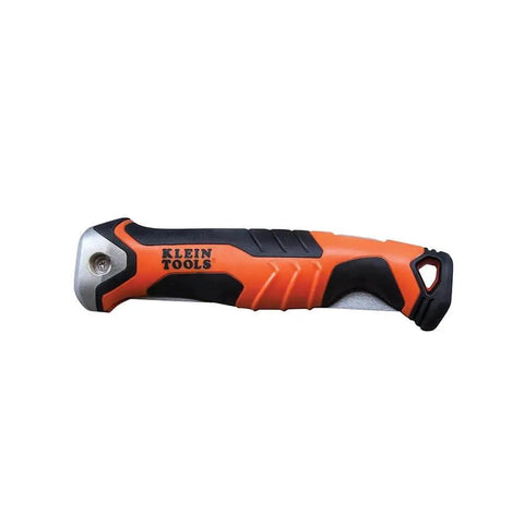 Heavy Duty Folding Jab Saw With Lockback For Drywall, Dual Direction Cutting At 125 And 180 Degrees, Carbon Steel Blade With Triple Ground Teeth, Tether Hole For Safe Storage, Compact And Rugged Hand Saw Klein Tools. Side view of closed handle.