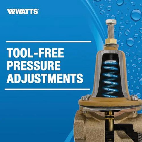 Watts water pressure reducing valve with blue spring, bronze body, NPT female unions and tool-free adjustments.
