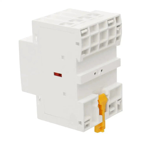 Side view of 110V AC 4 Pole Modular Contactor Built For 63A Rating And 2NO 2NC Normally Open And Normally Closed Contacts For Forward And Reverse Motor Control Din Rail Mount For HVAC Motor Pump And Lighting Control