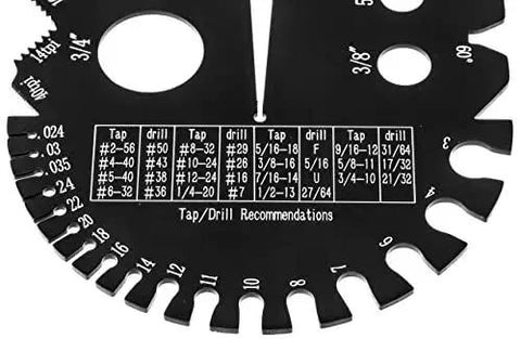 Close-up of Dual Metric And Imperial Thread Pitch Gauge Set With Carrying Case Two Pack, showing tap drill recommendations.