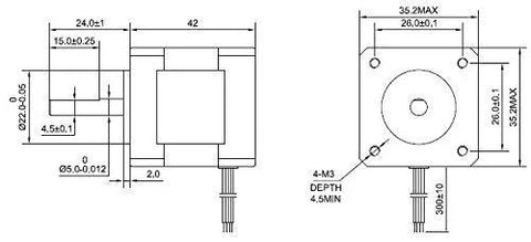 Nema 14 bipolar stepper motor, 4-lead, 0.5A, 1.8° step, 23 Ncm torque (32.6 oz‑in); front and side technical drawings.