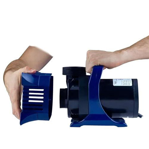 Alpine Corporation 6550 GPH submersible pond pump with blue frame and black motor, hands assembling intake cover.