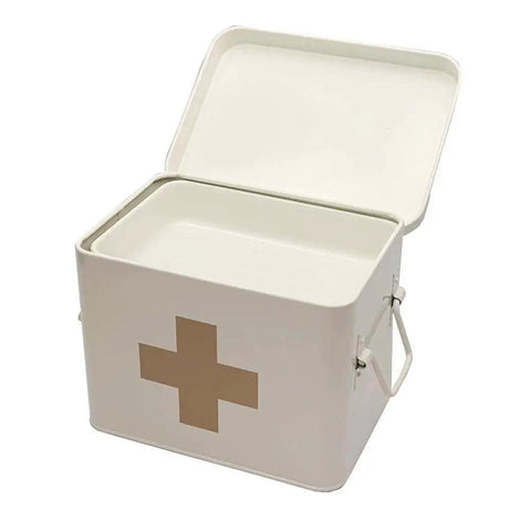 Retro Enameled First Aid Box With Lid And Removable Tray For Medicine Storage And Home Decor In Milky White With Tan Cross