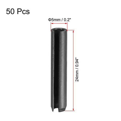 Image of a 5mm by 24mm slotted spring pin with plain finish, 65Mn steel, shown standing vertically. Pack of 50 pieces.