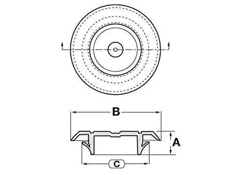 Technical diagram of Three Quarter Inch Black Rubber Plugs For Flush Mount Holes In Sheet Metal And Body Panels, showing dimensions.