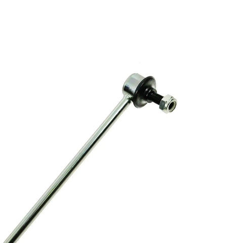 TRQ rear suspension link; chrome steel rod with black bushing, threaded stud and hex nut (side view)
