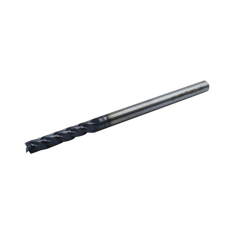 Five Pack One Eighth Inch Solid Carbide Long End Mills, Four Flute, Thirty Degree Helix, AlTiN Coated, For Medium Hardness Steel Brass And Iron, Three Quarters Inch Cutting Length, Two And A Quarter Inch Overall Length, Milling Bits For Precision Jobs.