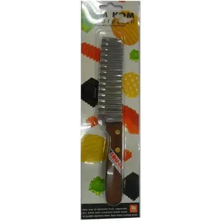 Crinkle Cutter Knife With Wood Handle For Vegetables And Fruits Carving And Food Decoration Ideal For Special Dinners Creative Plating And Kitchen Prep Stainless Steel Blade For Easy Slicing And Fun Texture. Knife shown in packaging with colorful background.
