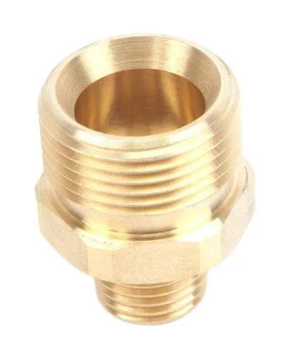 Front view of brass Pressure Washer Adapter Nipple M22M To One Quarter Inch Male NPT, Converts Metric Threads To Standard