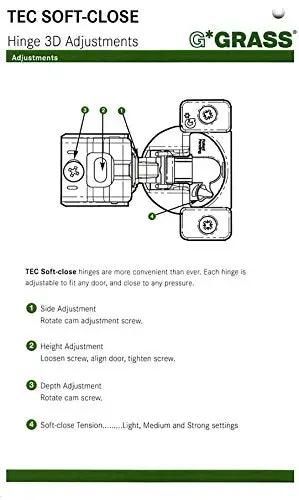 Diagram showing Soft Close Cabinet Hinges For 1/2 Inch Overlay, 10 Pack, 108 Degree Opening, Screw-On Wrap Around Mount with adjustments.