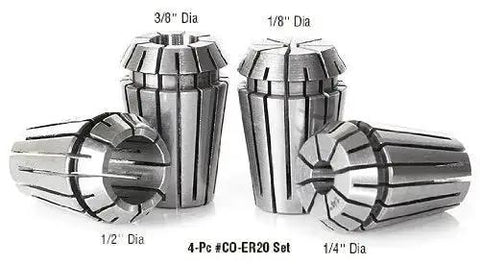 Half Inch Diameter Spring Collets ER20 CO-278 Industrial Grade for CNC Milling and Machining, four sizes displayed
