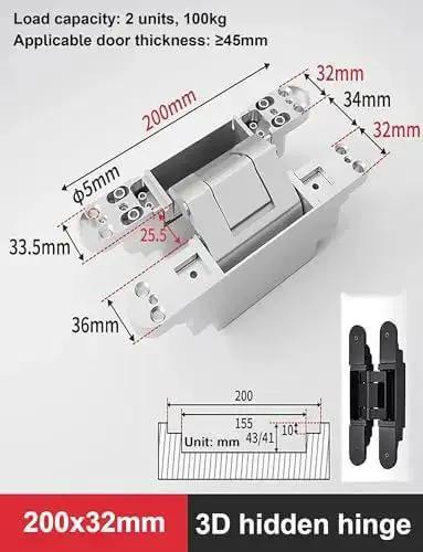 Hidden Door Hinges For Concealed Doors, Invisible, Heavy Duty 3D Adjustable, zinc alloy, dimensions and load capacity specifications