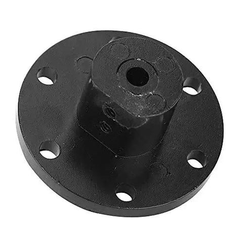 Black 6mm inner diameter flange coupling for mecanum wheel motors, showing D-shaped anti-slip hub with bolt holes, side angle view.
