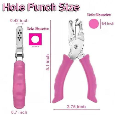 1/4 Inch Pink Handheld Circle Hole Punch For Crafting with size measurements and pink handle
