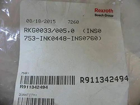 Label of Single RKG0033/005.0 servo motor cable packaging, OEM compatible with Bosch Rexroth systems, showing date and part number.