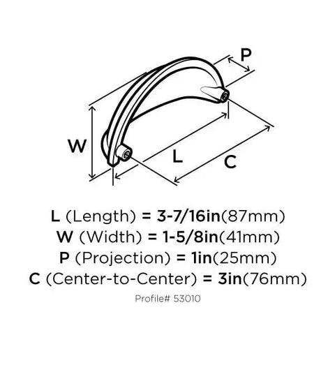 Diagram of Matte Black Traditional Style Cabinet Cup Pull For Cabinets And Drawers With Three Inch Center To Center Mounting dimensions