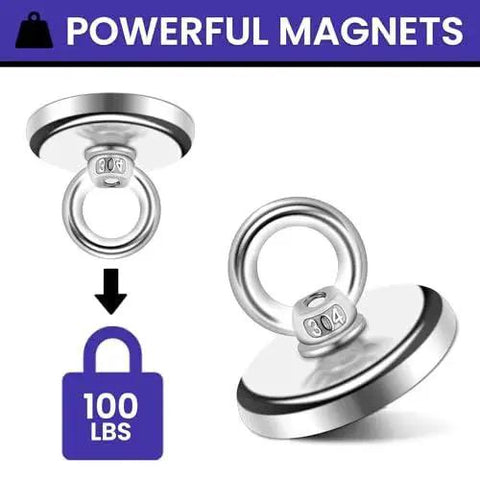 Six Pack Neodymium Fishing Magnets 100 Lb Pull For River Retrieval showing 304 stainless steel eye bolt and 100 lb weight capacity.