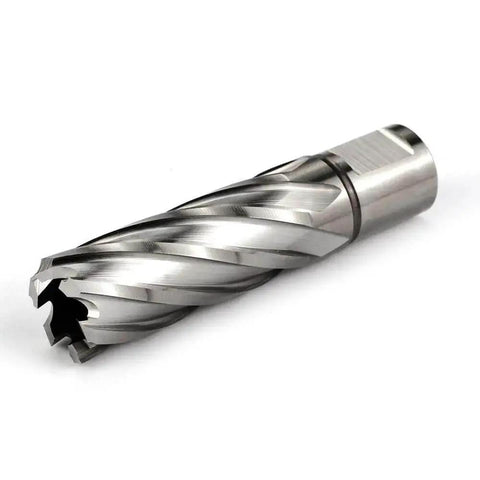 Beefy 13/16 Inch Annular Cutter For Magnetic Drill Press With 2 Inch Cutting Depth And 3/4 Inch Weldon Shank 2 Flat Pilot Pin And Dual Teeth For Ultra Fast Holes In Metal By Oscarbide, showing side view.