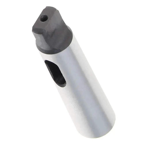 Angled view of a Morse taper adapter sleeve; silver cylindrical body with black square drive end and side hole