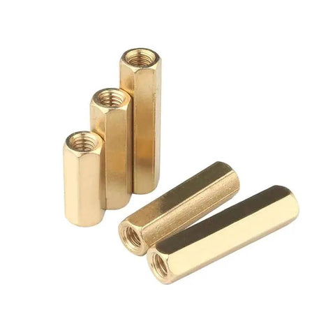 Brass Double Through Female Threaded Hex Standoffs M6x20mm PCB Spacer Set of 5 grouped together