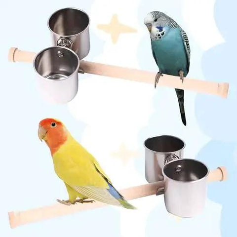 Two birds on perches with All In One Bird Feeder Cups With Clamp Mount On Standing Perch Two Stainless Steel Food And Water Cups