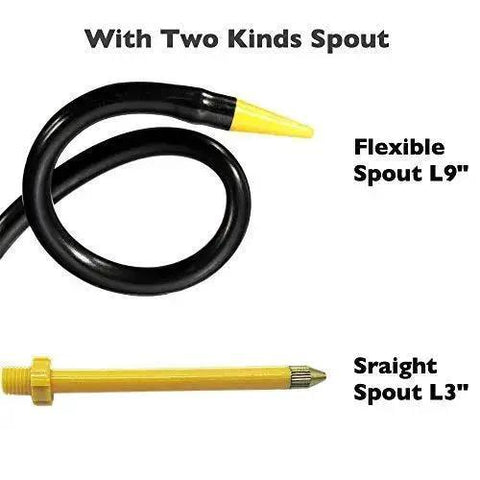 Image of Garage Ready Dual Spout Oiler Can 8oz Green Metal Pump showing flexible and straight spouts with lengths labeled 9" and 3".