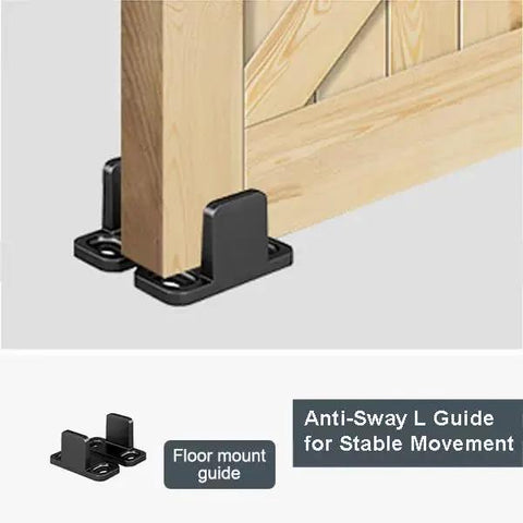 Heavy Duty Box Track Hanger With Bracket Kit For Exterior Sliding Barn Doors Two Pack Supports Doors Up To 300 Lbs Fits Door Thickness From 1 And 3 Eighths Inch To 2 Inch Includes Quiet Rolling Wheels For Smooth Indoor And Outdoor Operation with anti-sway L guide for stability installed on wooden door base.