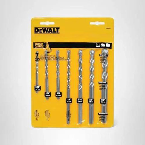 Concrete And Block Masonry Drill Bit Set For Percussion Drilling 7 Piece With Carbide Tips Four Flute Design For Fast Debris Clearance Three Flats On Shanks To Prevent Slipping DW5207 displayed in packaging