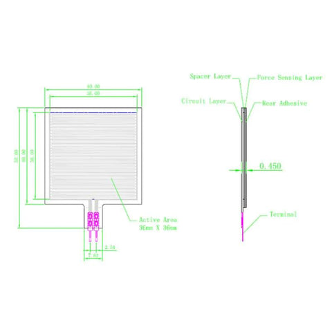 S40 ST thin Kraftsensor pressure sensor pad diagram with 36mm x 36mm active area and two bottom connectors
