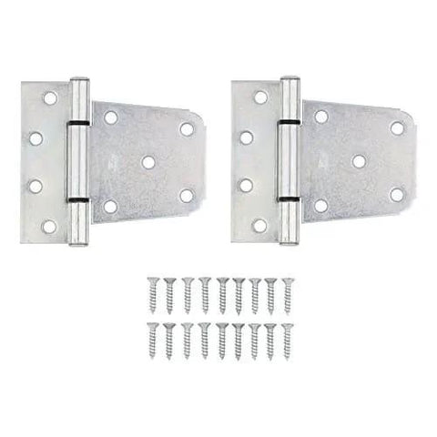 Extra Heavy Duty Gate Hinges Zinc Plated 2 Pack with T Hinges and Mounting Hardware for outdoor use on wood, steel, vinyl gates.