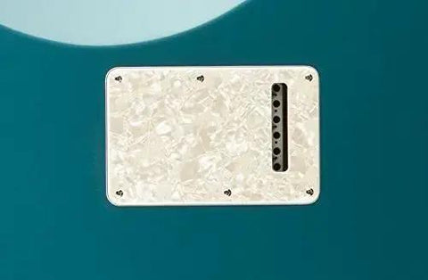 Modern Stratocaster Backplate In Aged White Moto Finish Premium Celluloid Pickguard Quality Replacement installed on guitar.