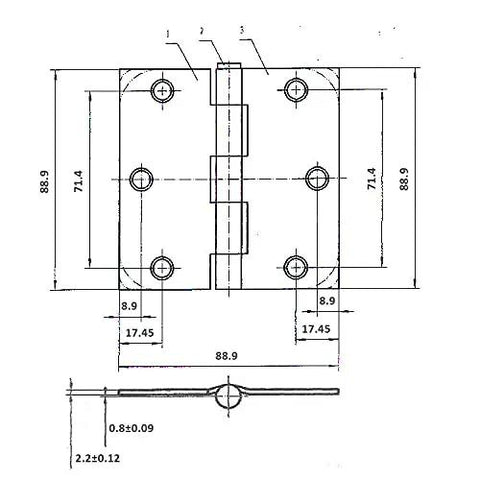 Technical diagram of Onward Two Pack Full Mortise Door Hinges Three And A Half Inch Interior Door Hardware Antique Brass Finish