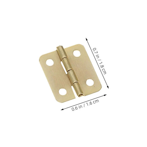 Close-up of a gold iron hinge from 40Pcs Miniature Iron Cabinet Hinges With Screws For Round Corner Jewelry Boxes And Wooden Chests.