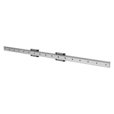 Side view of LMLF18B - 500-2R Miniature Linear Guide Rail with 2 Sliding Blocks, 500mm x 18mm rail for automated and measuring equipment.