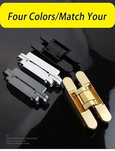 Four colored concealed door hinges in black, silver, gold on reflective surface. 3 Pack Adjustable 180 Degree Silent Concealed Hinges In Black.