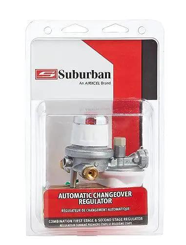Automatic Changeover Regulator for RV propane gas supply with clear packaging, showing high visibility indicator for easy gas switching.