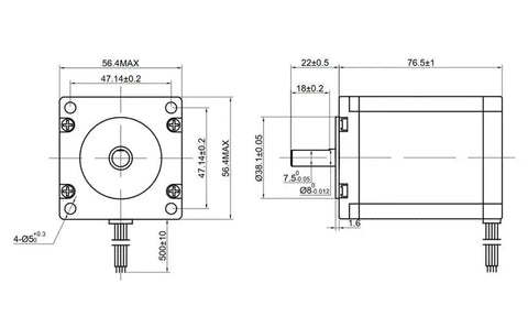 Technical diagram of Beefy Nema 23 Stepper Motor With 8mm Shaft For CNC And 3D Printers, dimensions 57x57x76mm, shows side and front view