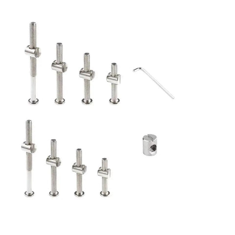 32 Piece M6 Hex Bolts And Socket Nuts Replacement Kit For Beds, Furniture, Headboards And Cribs Includes 12 16 25 35 45 55 65 75 Mm Bolts And 32 Nuts, Durable Carbon Steel, Hex Drive, No Fuss Easy Install displayed with L-shaped wrench.