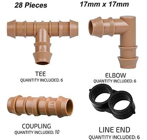 Arfun 28P drip irrigation fittings kit, 17mm for 1/2 in tubing; front view shows 6 tees, 6 elbows, 10 couplings, 6 line ends