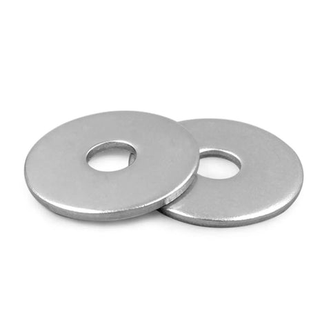 Stainless steel flat washers, 1/4 in ID x 1/2 in OD, plain finish, two pieces shown