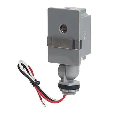 Outdoor 120 Volt Swivel Mount Photocontrol with Light Adjustment Bar in gray, featuring wiring for dusk-to-dawn exterior lighting control.