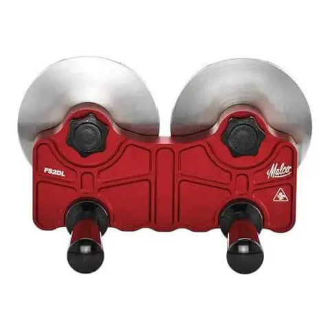 Front view of Pro Grade 2 Station Metal Bender Disc FS2DL, heavy-duty tool for straight bends, red, metal discs visible.