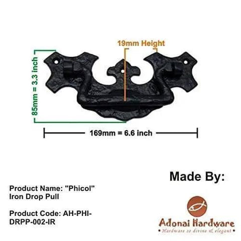 Front view of Phicol Antique Cast Iron Cabinet Ring Drop Pulls Pack Of 2 Matte Black with dimensions of 6.6x3.3 inches