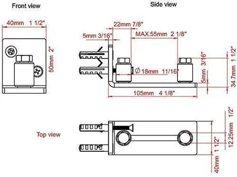 Scratch Resistant Stainless Steel Flush Mount Stay Roller Floor Guide For Doors Up To Two And One Eighth Inches Thick With Flat Bottom Design Keeps Floors Free Of Grooves And Provides Easy Wall Mount Installation With Included Screws And Hardware, technical drawings showing dimensions and three views.