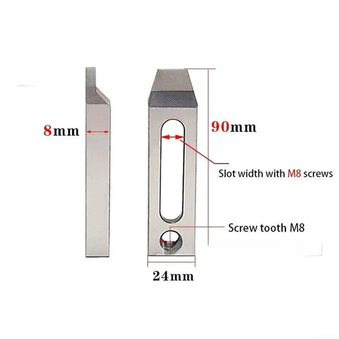 Stainless Steel Jig Holder And Clamp Tool For CNC Wire EDM Machines With M6 M8 M10 Compatibility Pressure Plate, side and front views with measurements