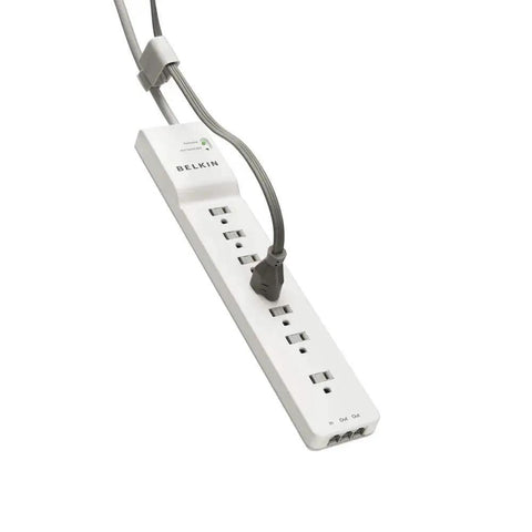 Image of a 7 Outlet Surge Protector Power Strip with 6 Foot Heavy Duty Extension Cord in white, suitable for home, office, and travel.