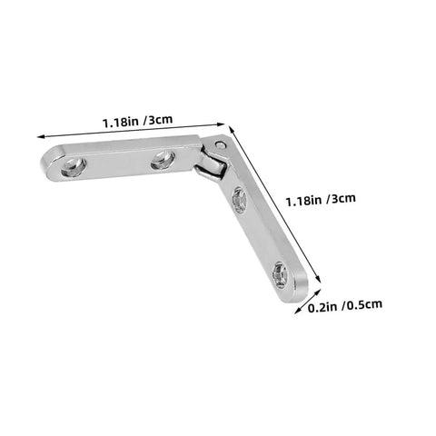 Close-up of zinc alloy 90-degree hinge for jewelry boxes, small folding hardware for chests, showing dimensions and right angle design.