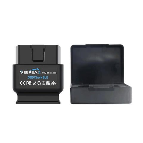 OBD II Bluetooth Scanner for iOS and Android With Wireless Check Engine Light Code Reader and DIY Car Diagnostic Tool for Gearheads by Veepeak in black case.
