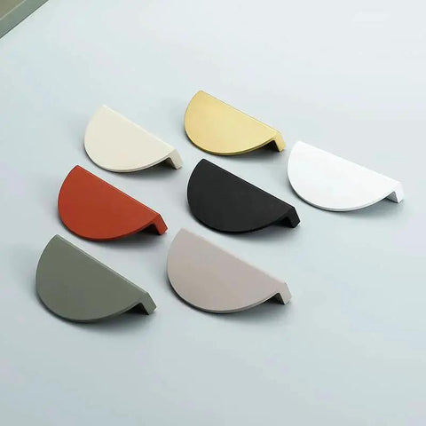 Variety of semicircle cabinet handles in different colors, including green, showcasing design and material options for Green Half Moon Drawer Pulls 2.5 Inch Four Pieces With Screws Semicircle Cabinet Handles For Kitchen Cupboard And Bedroom Furniture Aluminum Alloy Durable Knobs With Smooth Edges And Matte Green Finish.
